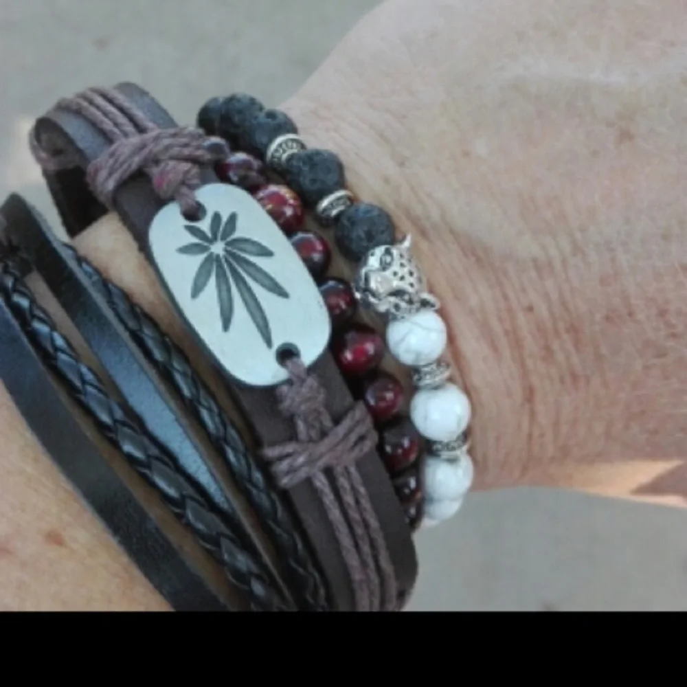 Lava Stone Pearl Marble Beaded Leopard Cat Bracelet